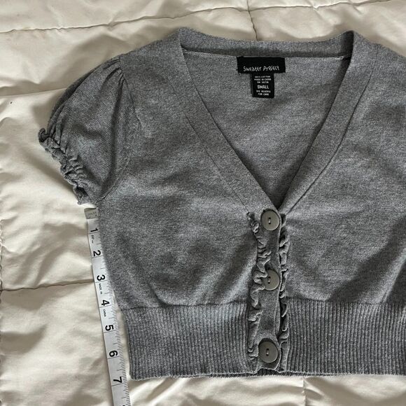 Y2K Vintage Gray Cropped Cardigan Sweater Puff Sleeves from Sweater Project - Picture 7 of 8